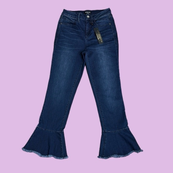 NWT Bebe Jeans High Rise Ruffle Flare Denim Dark Blue Women’s Sz 27 - Picture 1 of 11